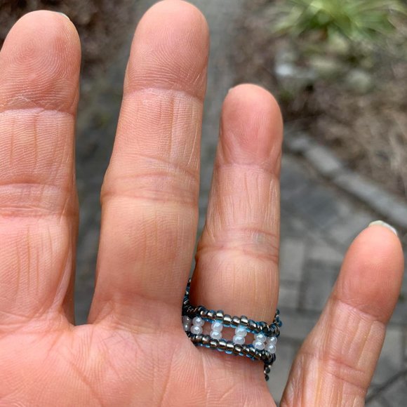 🌷3 for$25🌷Handmade, Glass Bead Blue & Gold Flower Ring, Fits up to Ring 8 - Picture 4 of 4